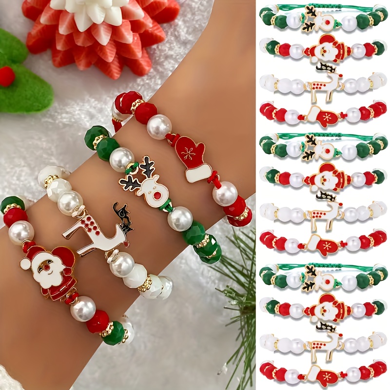 TEMU Juego de 12 pulseras con colgantes de esmalte navideños de color y verde , adecuadas para atuendos temáticos de Navidad, fiestas familiares y
