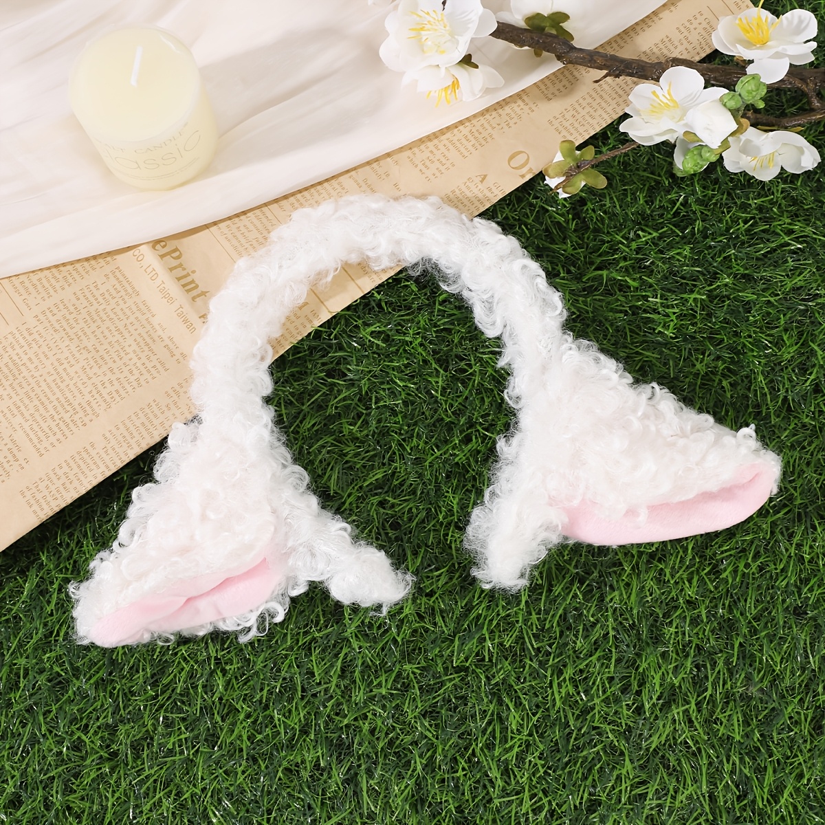 TEMU 1pc White Plush Lamb Ear Headband With Pink Inner Ears, Cute Headpiece, Girly Daily Photo Shoot Atmosphere Hair Accessory
