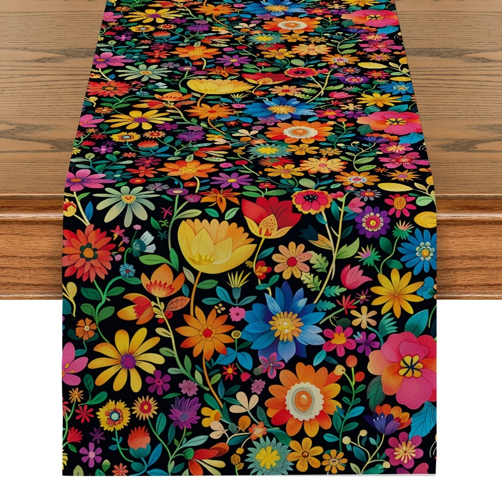 

1pc, Table Runner, Mexican Style Colorful Floral Printed Table Runner, Long Cinco De Mayo Table Cloth, Dia De Los Muertos Decor, Day Of The Dead Decoration And Supplies For Home