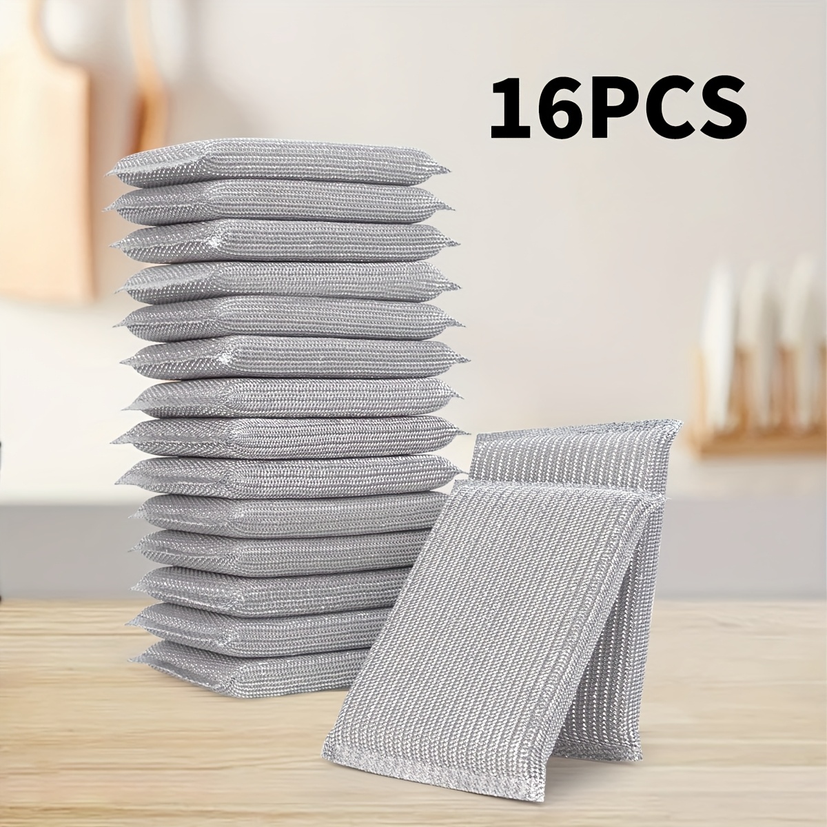 4/8/16/32pcs Large Silvery Multipurpose Wire Sponge Scouring Pad - Double-sided, Non-scratch Kitchen Cleaning Sponge Suitable For Dishes And Household Use, Durable Scrubbing Sponge For Kitchen Tools