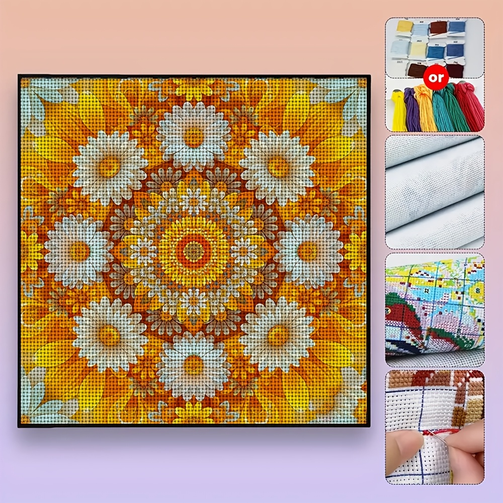 11CT Frameless Cross-Stitch Kit, Symmetrical Yellow-Orange Floral Pattern