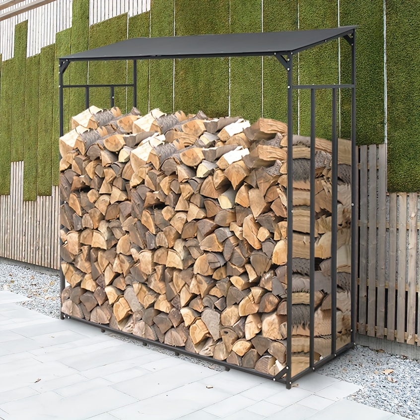 Temu Bardzo DużY, WytrzymałY Stalowy Stojak Na Drewno Z Wysokiej JakośCi Pokrywą GóRną - Bardzo DłUgi, 63-Calowy ZewnęTrzny Schowek Na Drewno,-image