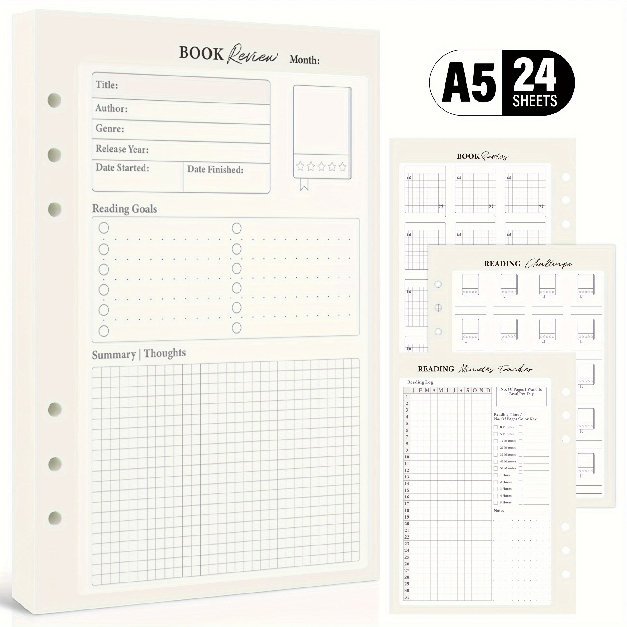 

24pcs Granrouto A5 Reading Journal Refill Sheets - , English, With Book Review Forms & Tracking Pages, 6-hole Binder Compatible - Ideal For & Reading Planners,