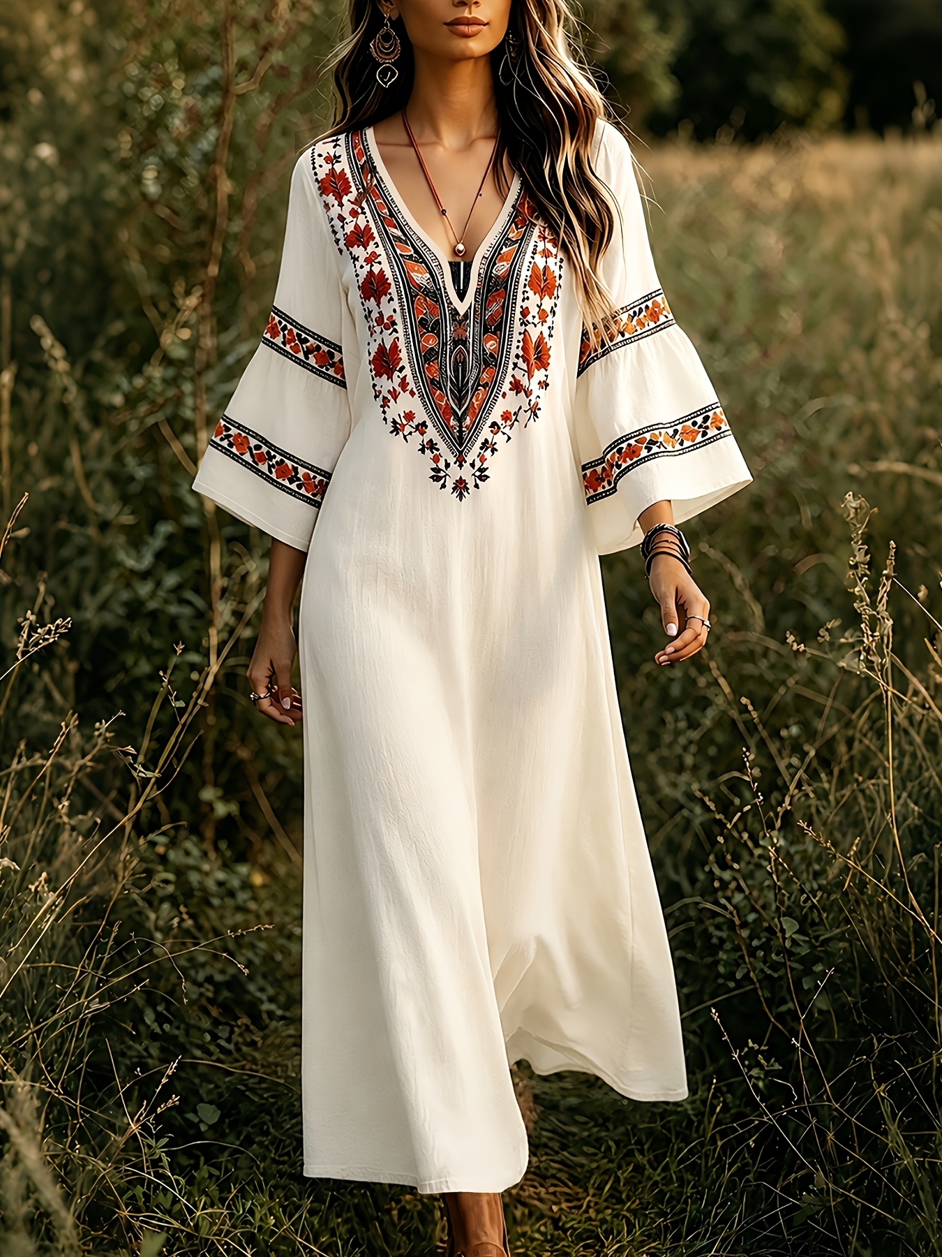 white boho tunic dress Elegant Waist-Cinching Ethnic Print Long with V-Neck and Flared Sleeves, Lightweight and Flowy Maxi Dress, Versatile Bohemian Style for Commuting, Daily Wear, and Casual Occasions and a flattering self