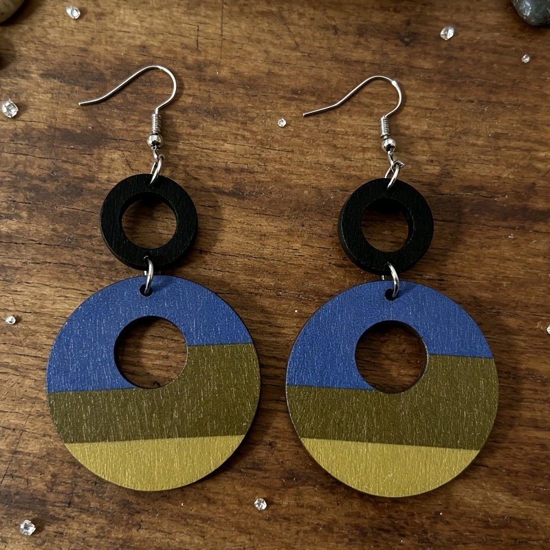 Women's Bohemian Round Openwork Color Block Striped Wooden Earrings