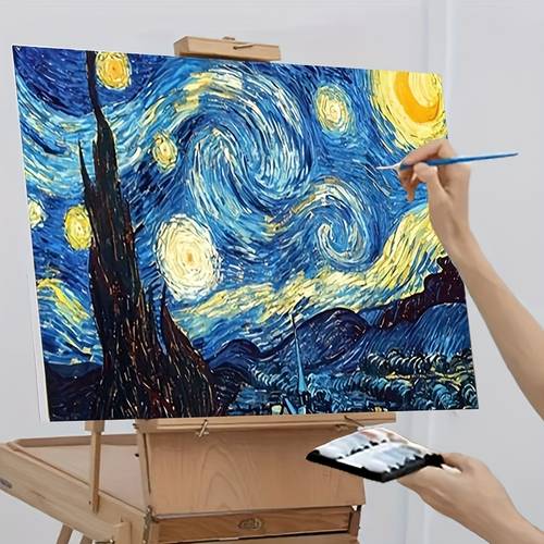 professional art use 1pc diy paint by numbers kit for beginners acrylic paints canvas 3 paintbrushes and manual acrylic painting van the starry decorative sky swirl stars and mountain