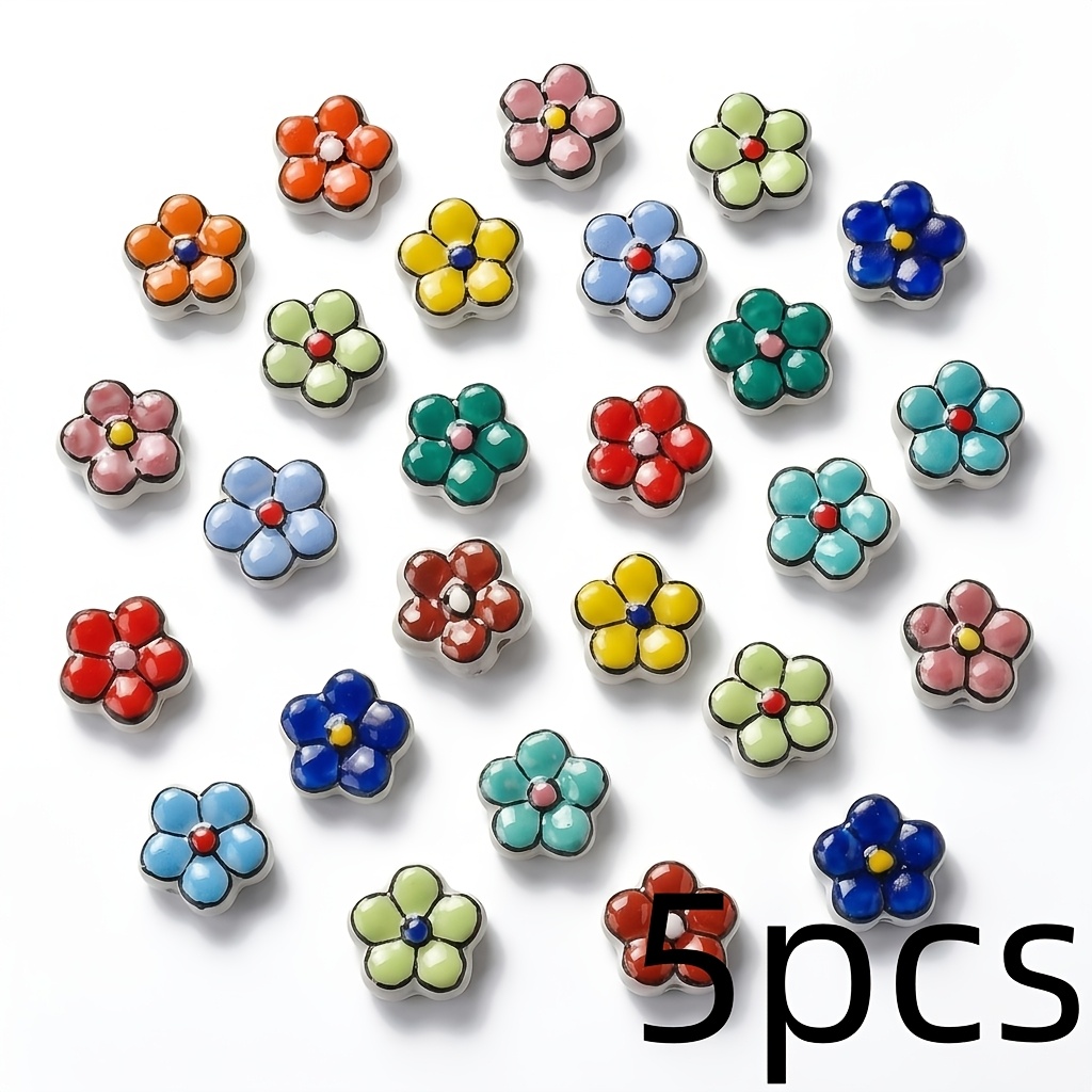 TEMU 5pcs Hand-painted Floral Ceramic Beads, Multi-colored Five-petal Flower Beads With Vertical Holes, Suitable For Diy Bracelet, Necklace, And