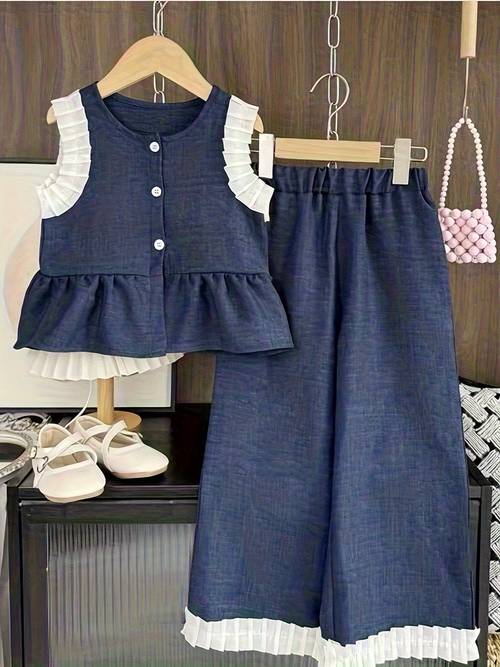 sweetheart girls personality casual lace sleeveless cardigan straight leg wide leg pants 2pcs set outdoor