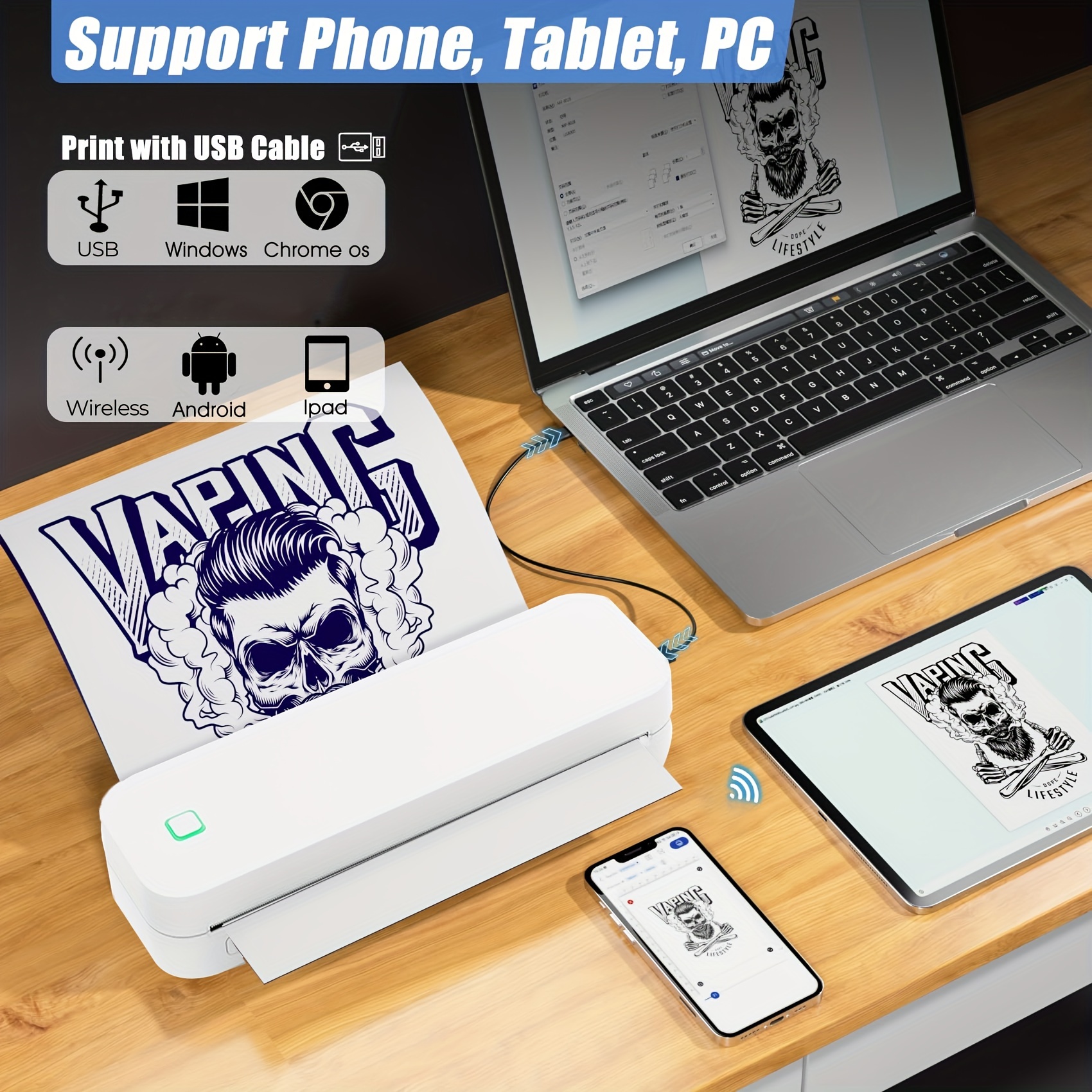 

Portable Wireless Tattoo Stencil Printer - Inkless, Usb Rechargeable Thermal Copier For 8.5"x11" & A4 Paper, For Iphone, For , Laptops - Ideal For Artists And Designers