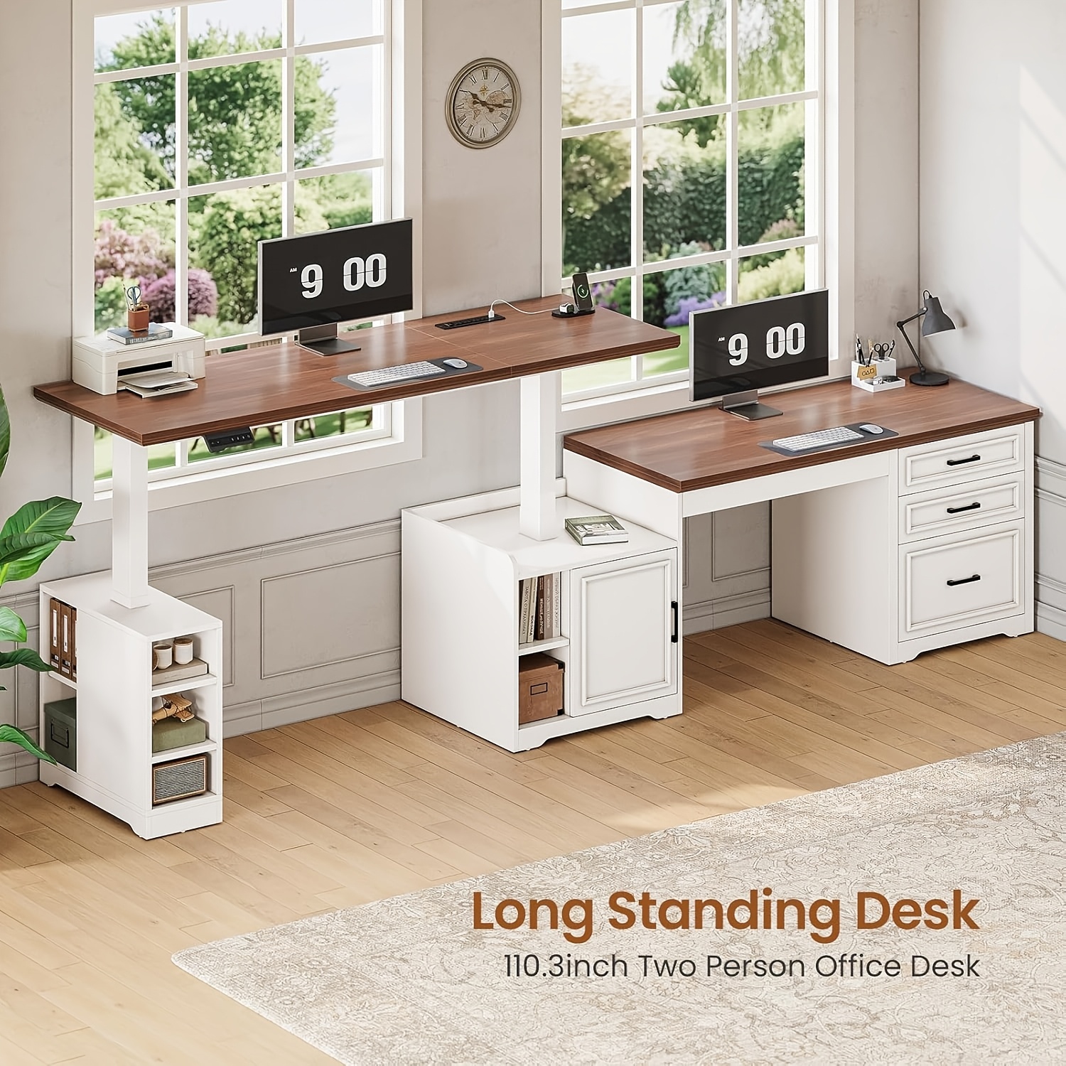 farmhouse l shaped electric standing desk 63 x 67 height adjustable metal 3 drawers and shelves freestanding plug powered Product details 1