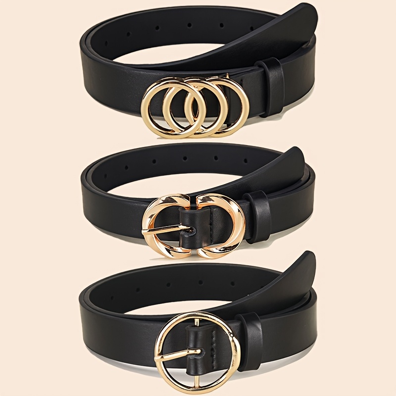 TEMU Ensemble de 3 ceintures tendance pour femmes, design géométrique minimaliste, ceintures de couleur unie avec triple, double et simple boucle en