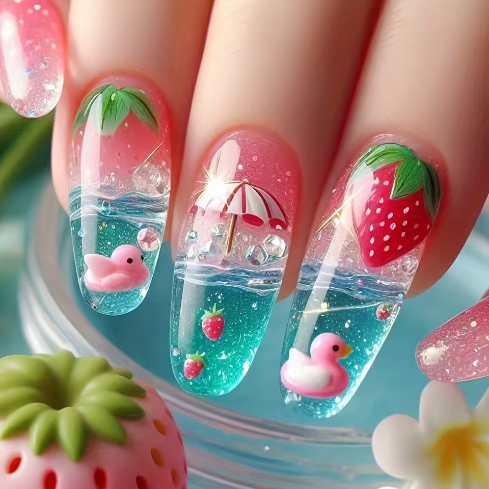 Image of Minimalist 30pcs Medium And Long Strawberry Pink Duck Sugar Chinese Style Oil Painting Nail Fashion Temperament Versatile Easy Casual Trend Gentle Elegant Romantic Hot Wearing Nail