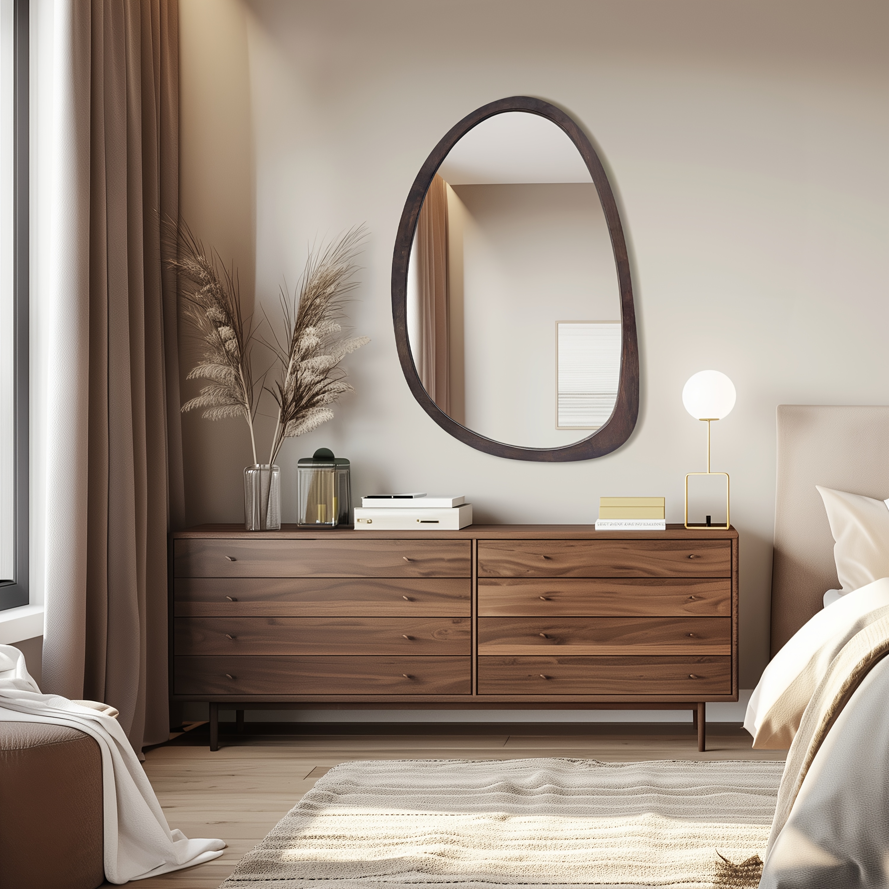 Vintage Asymmetrical Wall Mirror 70×50cm - Irregular Solid Wood Frame, Classic Wall-Mounted HD Makeup Mirror Home Decoration, Vertical/Horizontal, Ideal for Bedroom, Living Room, Entryway Decor, Wall Decor, Formaldehyde-free