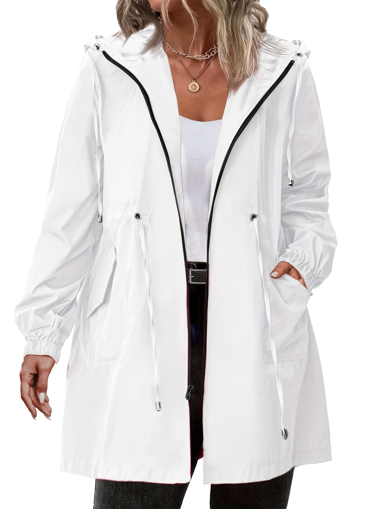 plus size womens plus size jacket lightweight hooded coat with full zip front adjustable drawstring hood high quality outdoor coat for travel machine washable jacket high quality jacket   zippered storage elegant outerwear