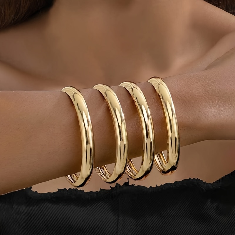 4pcs Smooth Oversized Minimalist Bangle Bracelet Set, Fashion Gift For Women, Daily Wear Jewelry