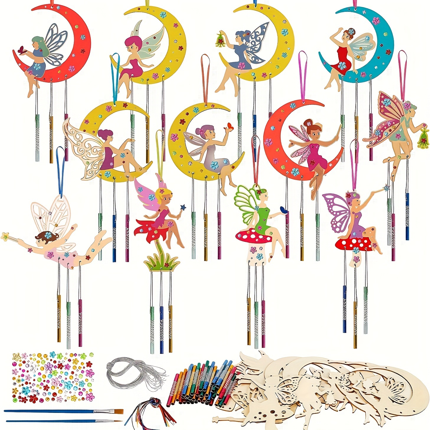 

6pcs/12pcs Diy Wooden Painting Wind Chime Making Set Graffiti Painting Crafts Birthday Festival Party Gifts Hanging Wind Chimes