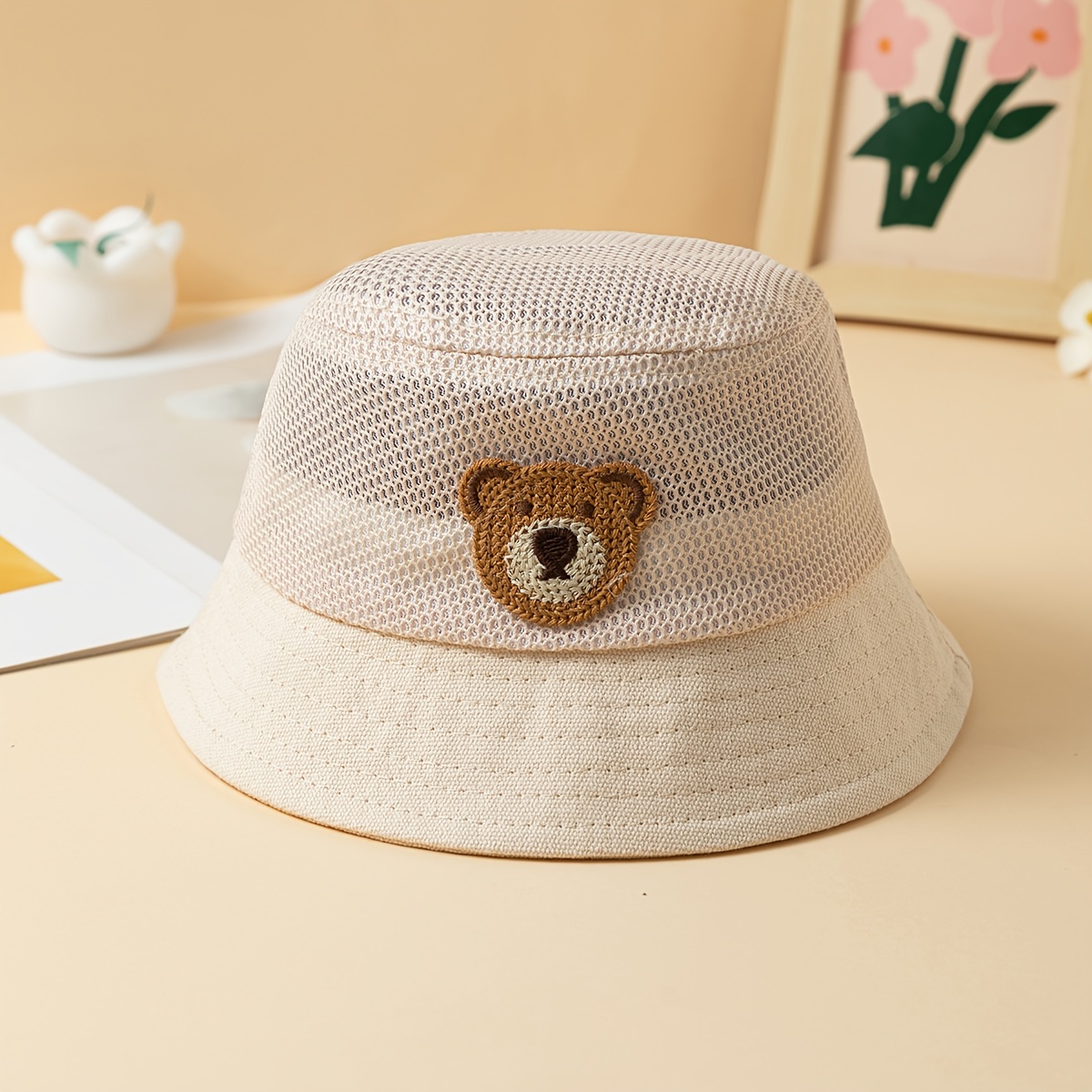 Hollow-out Solid Color Bear Patch Bucket Hat, Suitable For Summer Sun, Breathable And Sun-shading