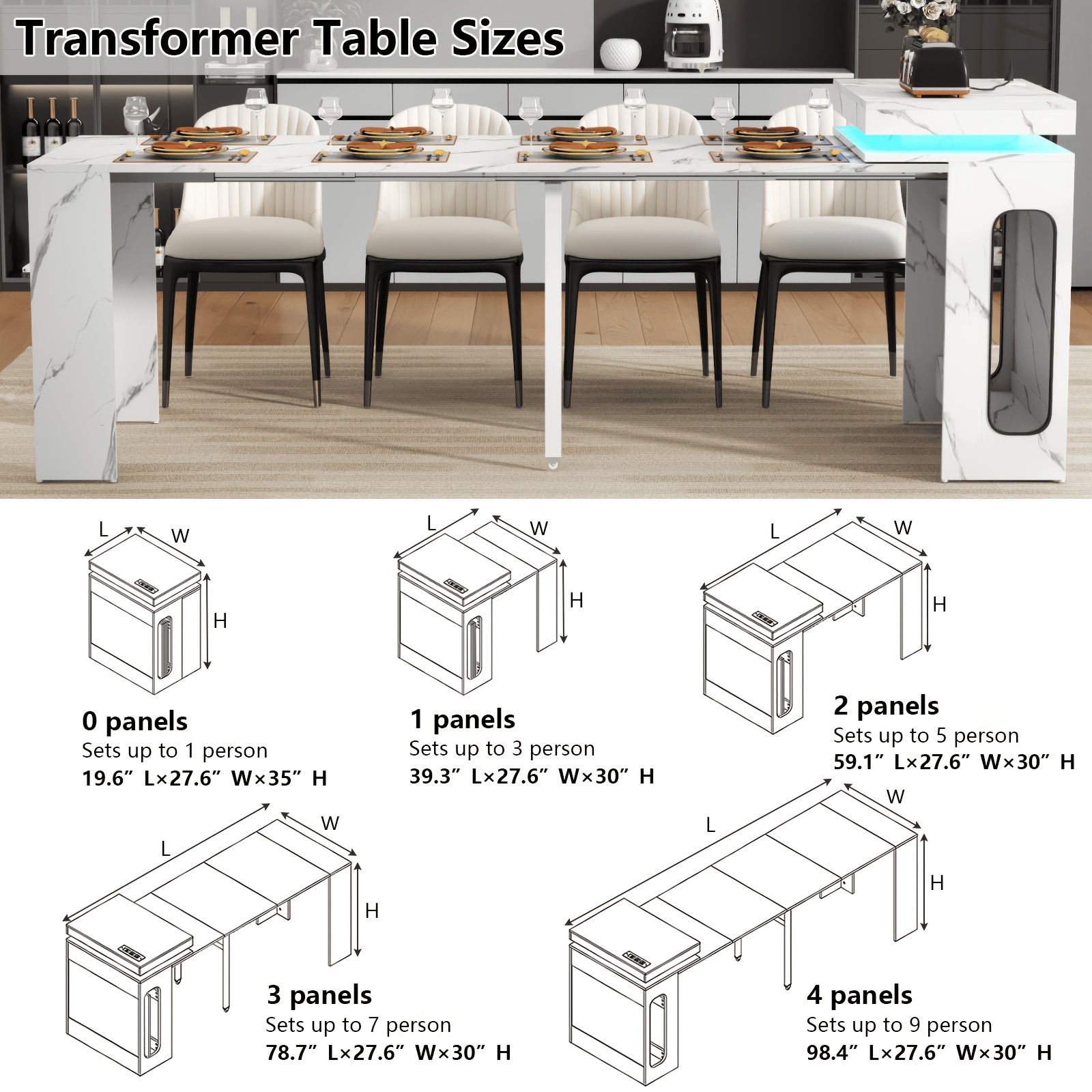 Extendable Dining Room Table with Charging Station & LED Lights, White Faux Marble Table, 19.7