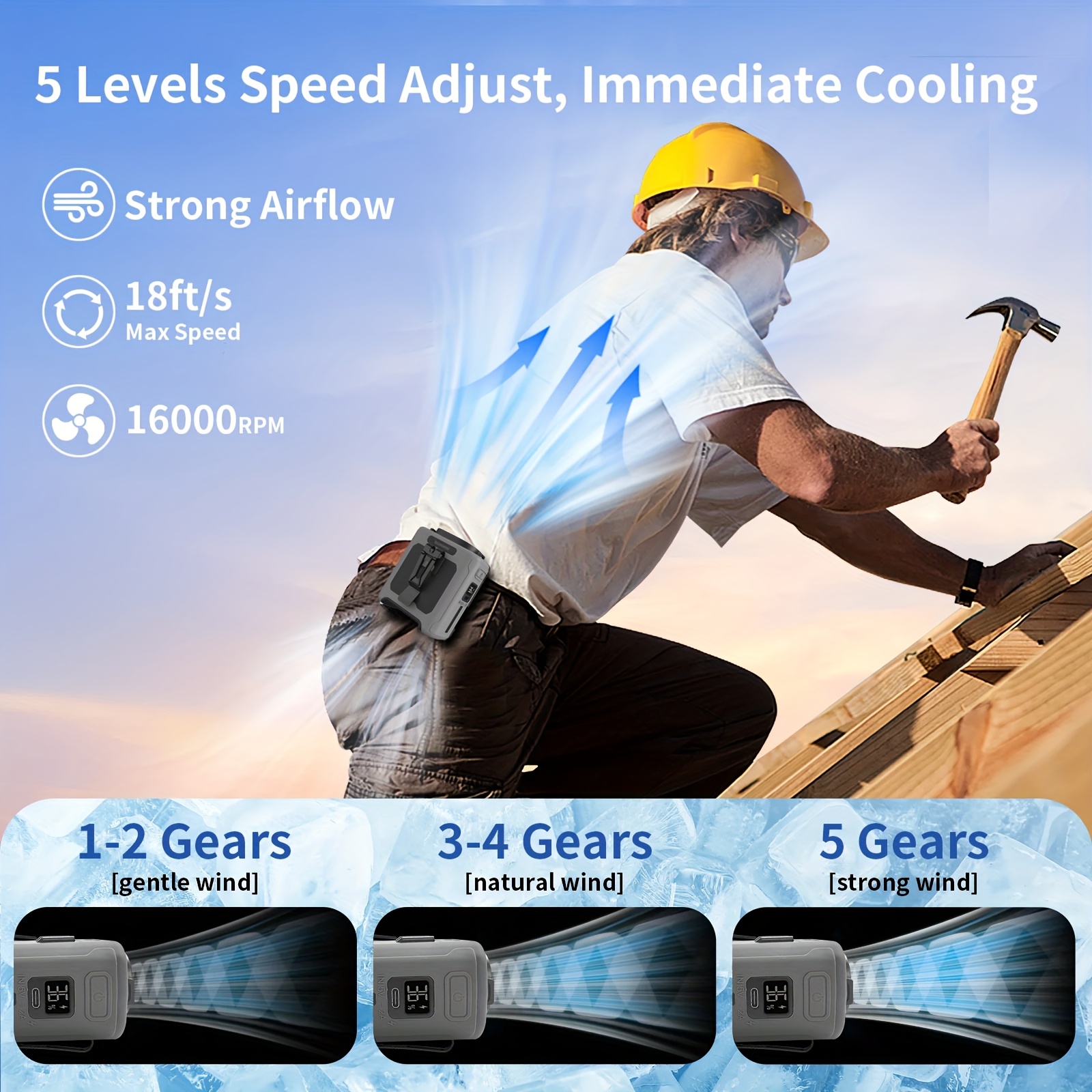 2025 pocket sized shirt fan portable waist clip body fan usb c rechargeable 5 speed adjustable personal wearable 10 40h high power outdoor hours or more battery compact belt fan suitable for site outdoor use portable fan details 3