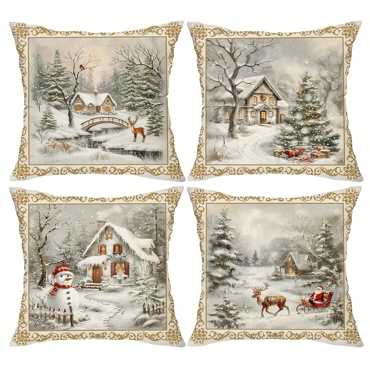 

4pcs Christmas Set - 18x18 , Snowman & Zip For , Sofa, And Decor