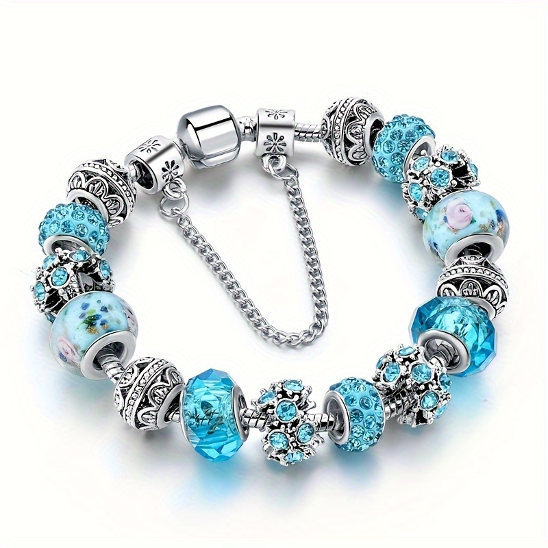 

Vintage Style Silver-plated Charm Bracelet With Rhinestones And Glass Beads - Zinc Alloy Snake Chain Bracelet For Women, Daily Wear Accessory