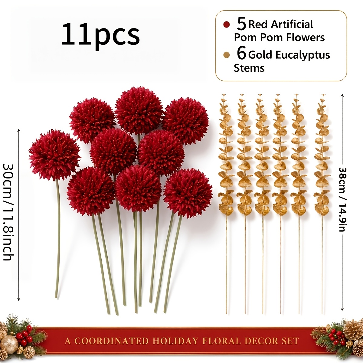 TEMU 11pcs Set Of Christmas Artificial Flowers, Including 5pcs Red And 6pcs Golden Eucalyptus, Red And Branches, Suitable For Christmas Tree