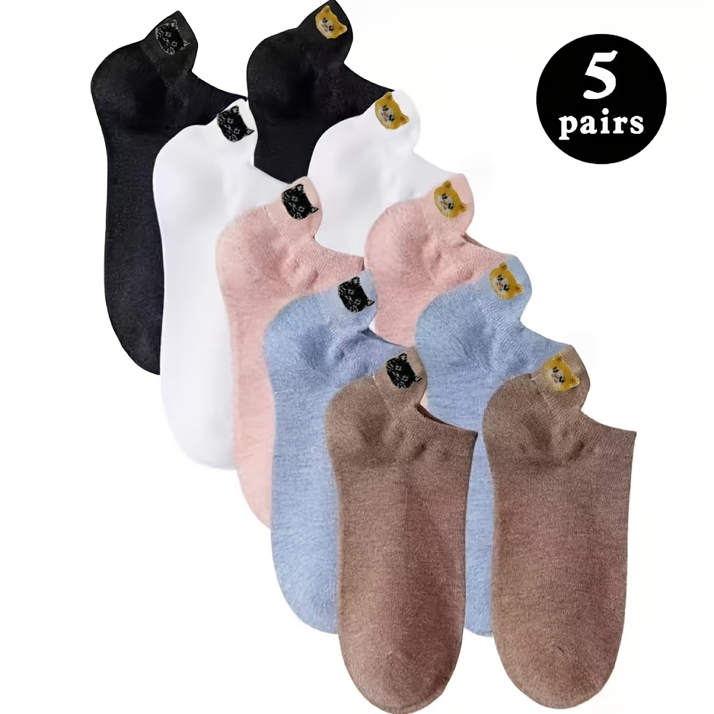 TEMU 5-pair/cartoon Cat Socks, Cute Jacquard Pattern Socks For Women, Summer Thin Style, Comfortable And Breathable Short Socks