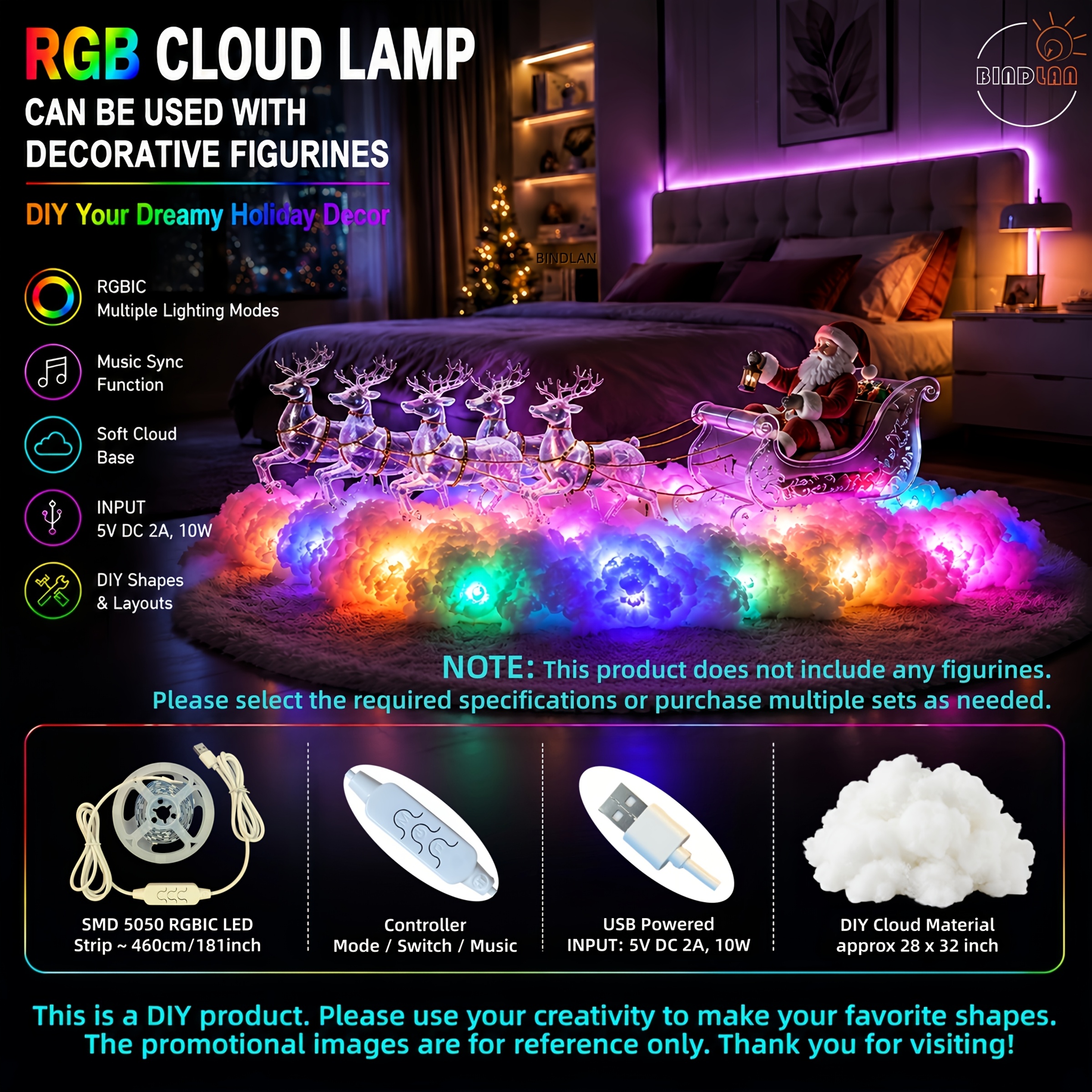 TEMU Lampe Nuage 3D (Pas de Père Noël) avec Synchronisation , Lampe LED à Capteur, Flexible, Compatible avec Toutes les Figurines, Lumière Festive,