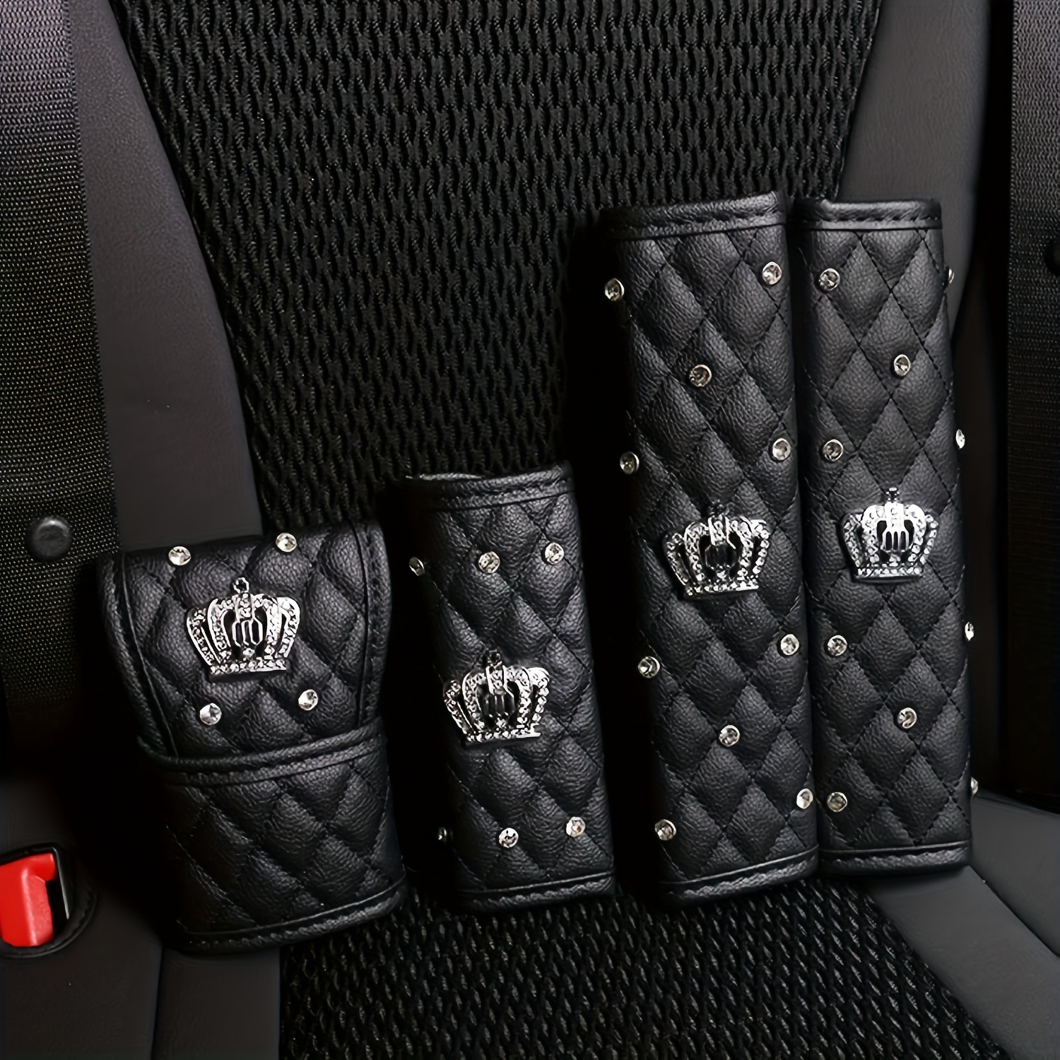 

Luxury Pu Leather Car Seat Belt Cover Set With Embellishments, Shoulder Protector, And Gear Shift Cover For All Vehicles - Elegant Auto Interior Accessories