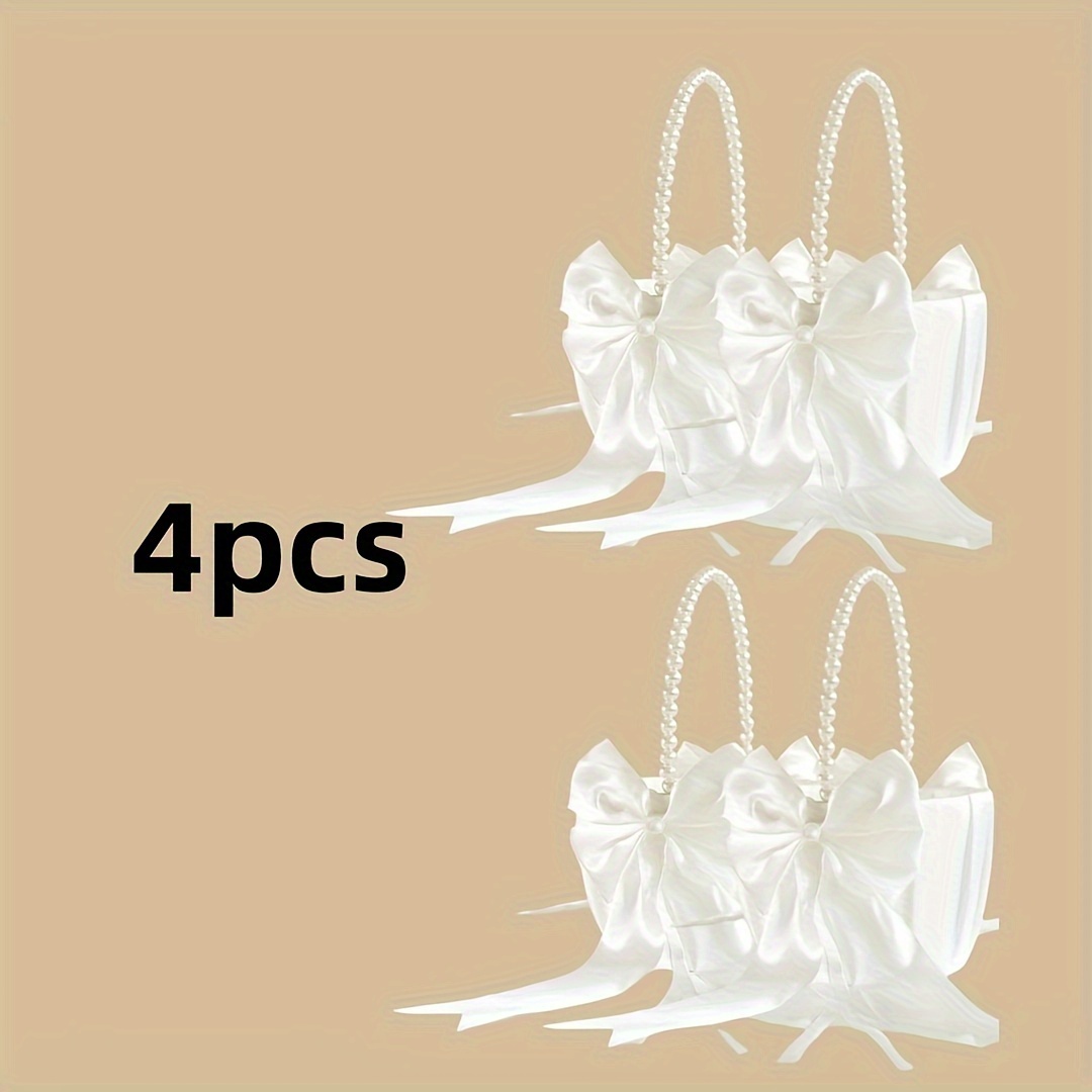 Wedding Basket With Cute Pearl Handle Bowknot Satin Flower Baskets For Wedding Ceremony - White