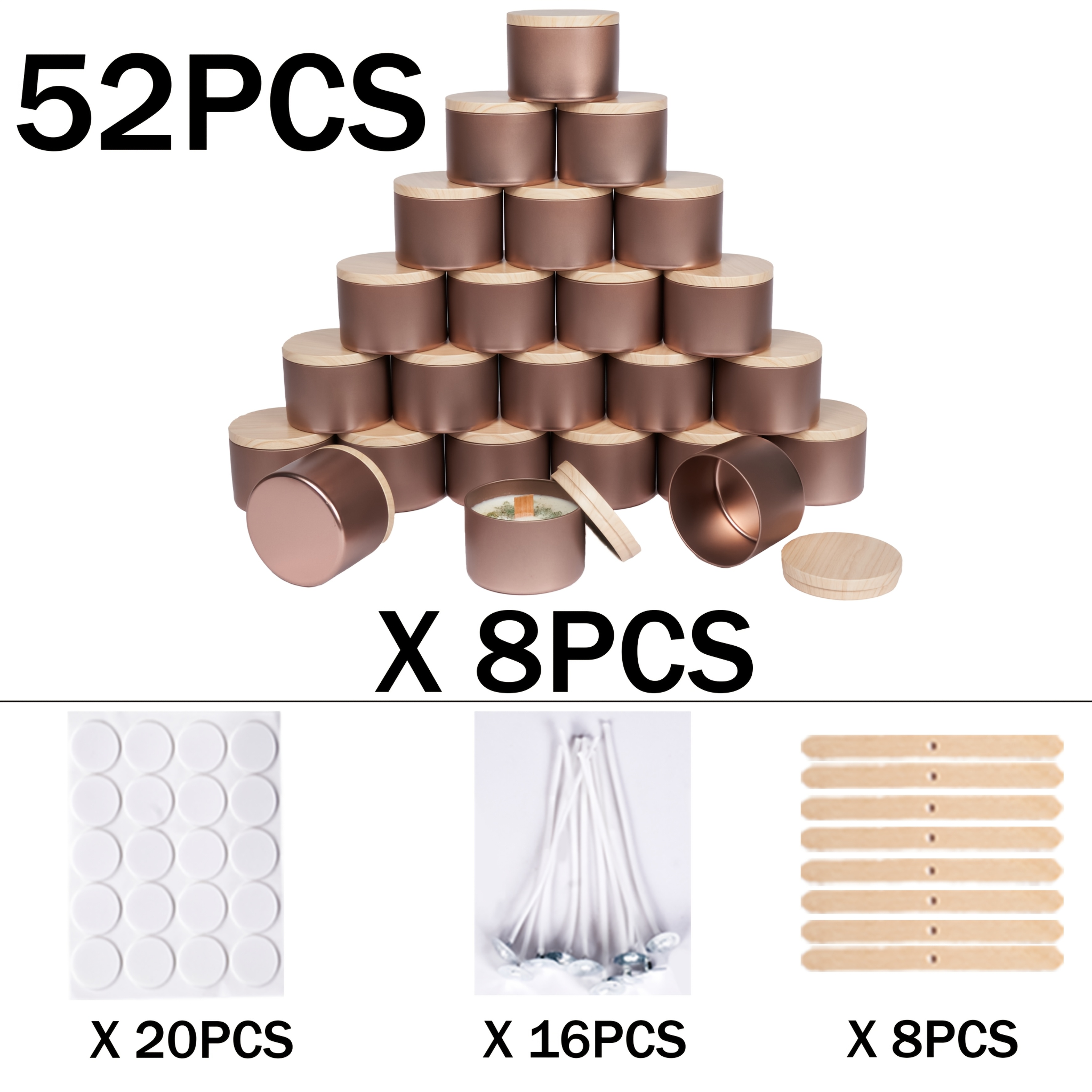 TEMU 52pcs Rose Golden Metal Candle Jar Candle Making Kit Set, 4oz Candle Jar With Woodgrain Lid - Portable Empty Container For Diy Candle Making And