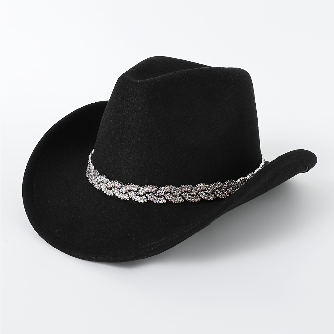 

Women's Fashion Felt Cowboy Hat With Silver Rhinestone Band Beaded Detail - Polyester 100%, Woven Fedora Cap, Lightweight Inelastic For Prom And Special Occasions - No Wash