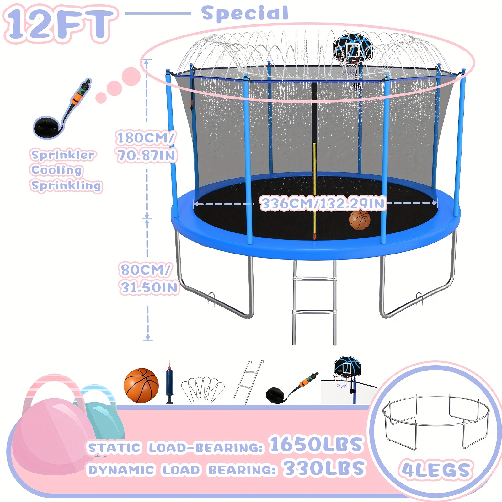 14ft/12ft/10ft Outdoor Kids Trampoline with Water Spray Device, Equipped with Safety Net and Heavy-Duty Rust-Resistant Frame, Suitable for Children and Adults, Includes Basketball Stand and Ladder Blue