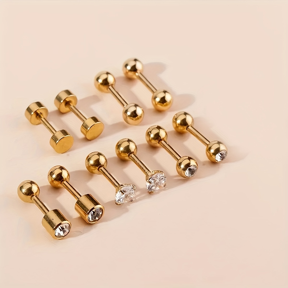 TEMU 5 Pairs/sets Of Stainless Steel Golden Round Inlaid Cubic Zirconia Stud Earrings, - Back Earrings, Suitable For Women' Wear