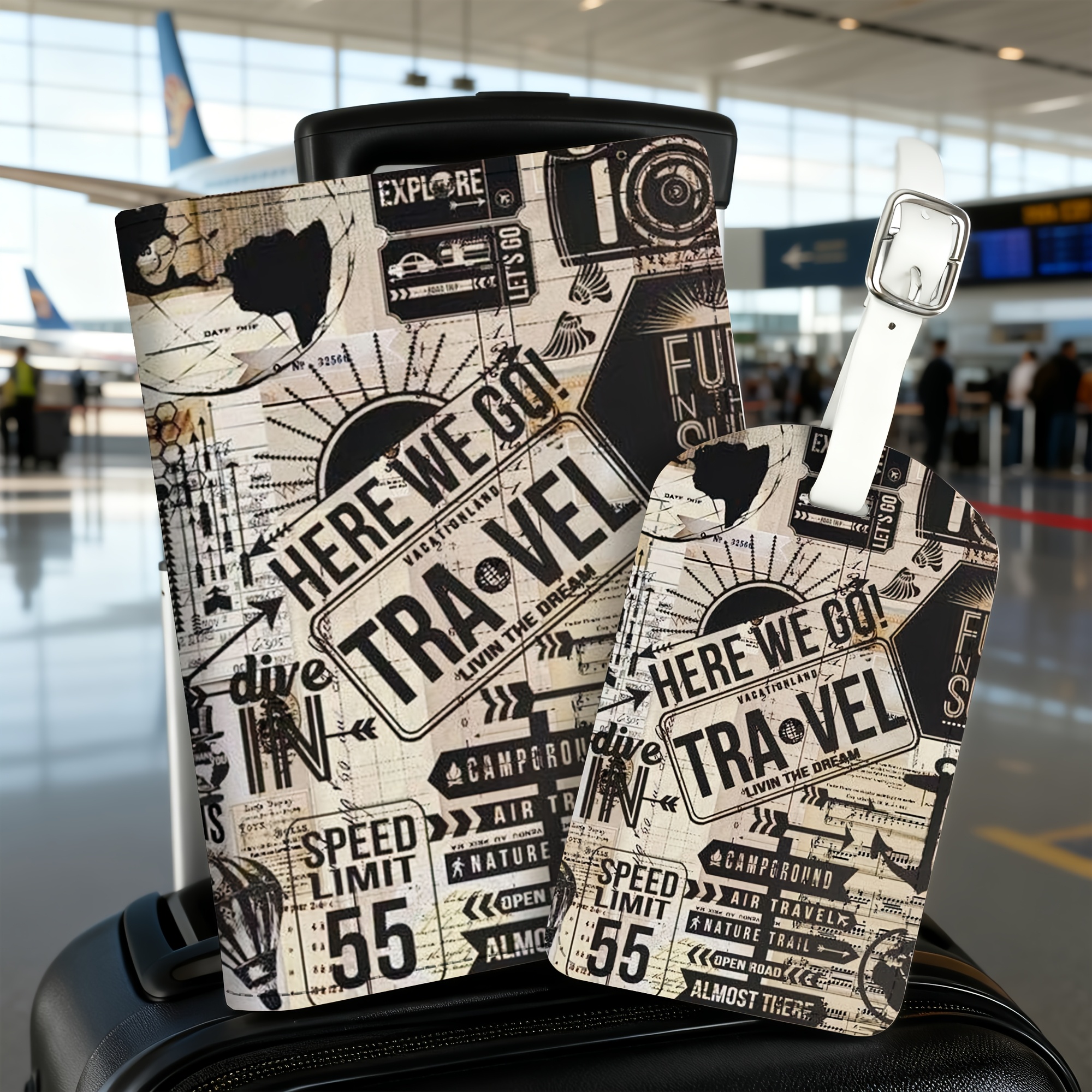 TEMU 2pcs Set Adventure Map Pattern Passport Holder Luggage Tag, Lightweight Pu Material, Suitable For Travel Bags, Backpacks, Gym Bags, Luggage Id,