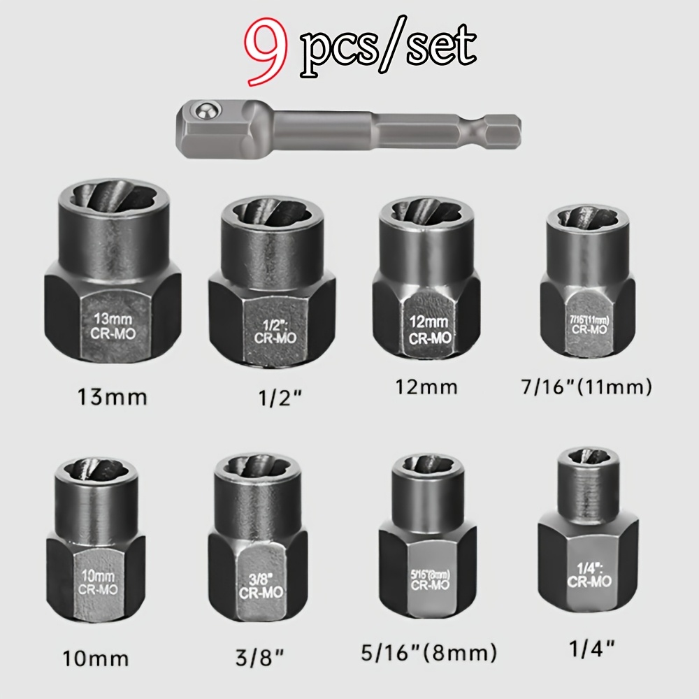 TEMU Extractor Kit, 6pcs & 9pcs Impact & Nut Remover Set With 3/8 Inch Adapter, Upgrade Stripped Extractor Socket Set Easy Out For Rusted, Damaged,