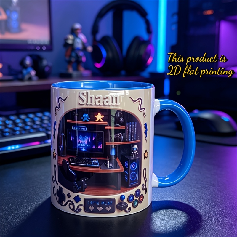 TEMU Custom 2d Printed Ceramic Coffee Mug With Name, 11oz Personalized Gaming Mug, Gamer Room Themed Cup, Single-sided Print, Microwave Safe, 2d Flat