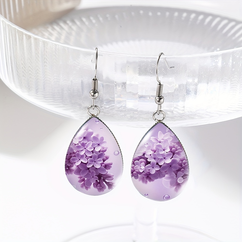 TEMU 1 Pair Lilac Flowers Tear Drop Earring Handmade Glass Dome Dangle Earrings Fashion Jewelry