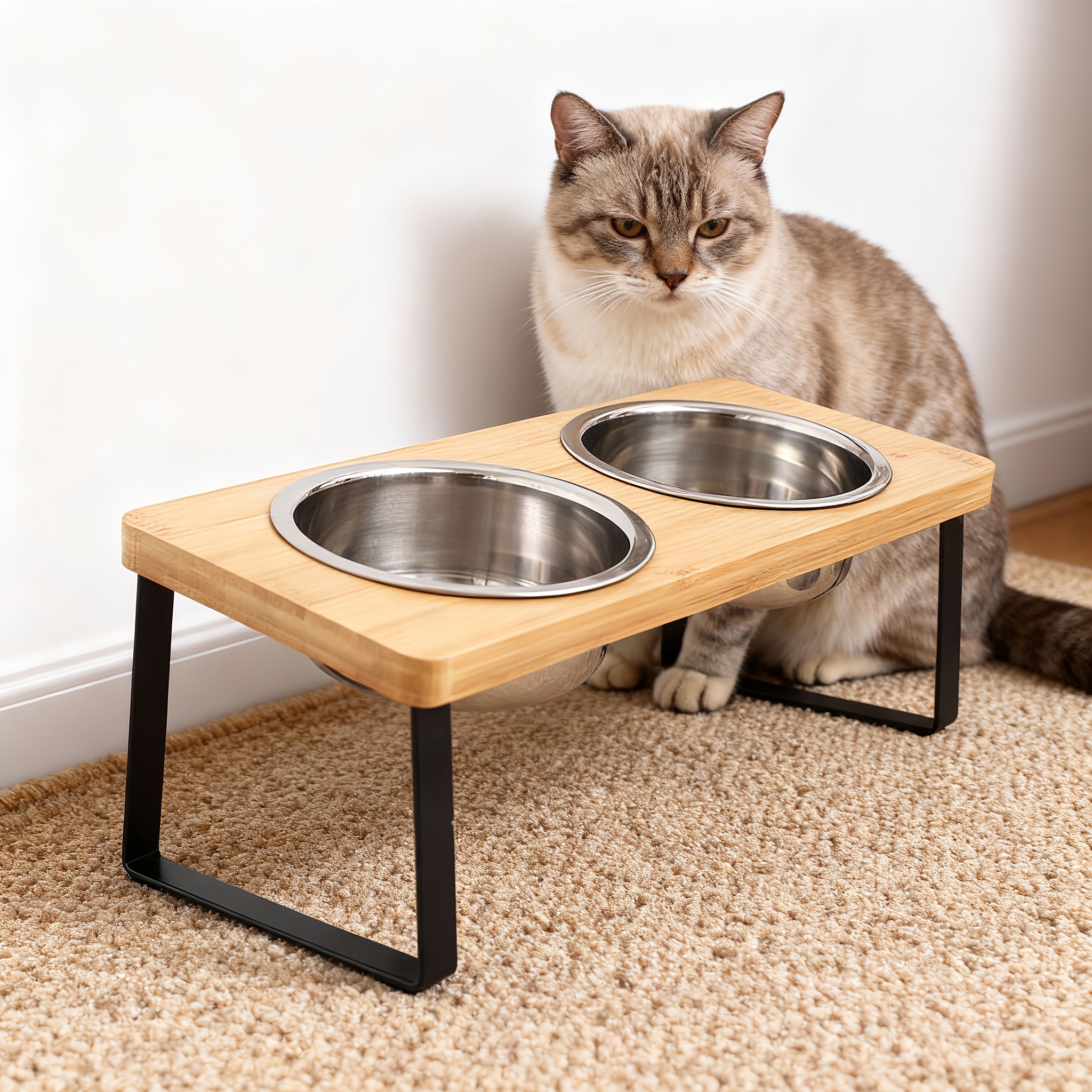 2-in-1 Cat Bowl Stand Pet Cat Food Water Bowl Elevated Tilted Stainless Steel Pet Dog Bowl Stand