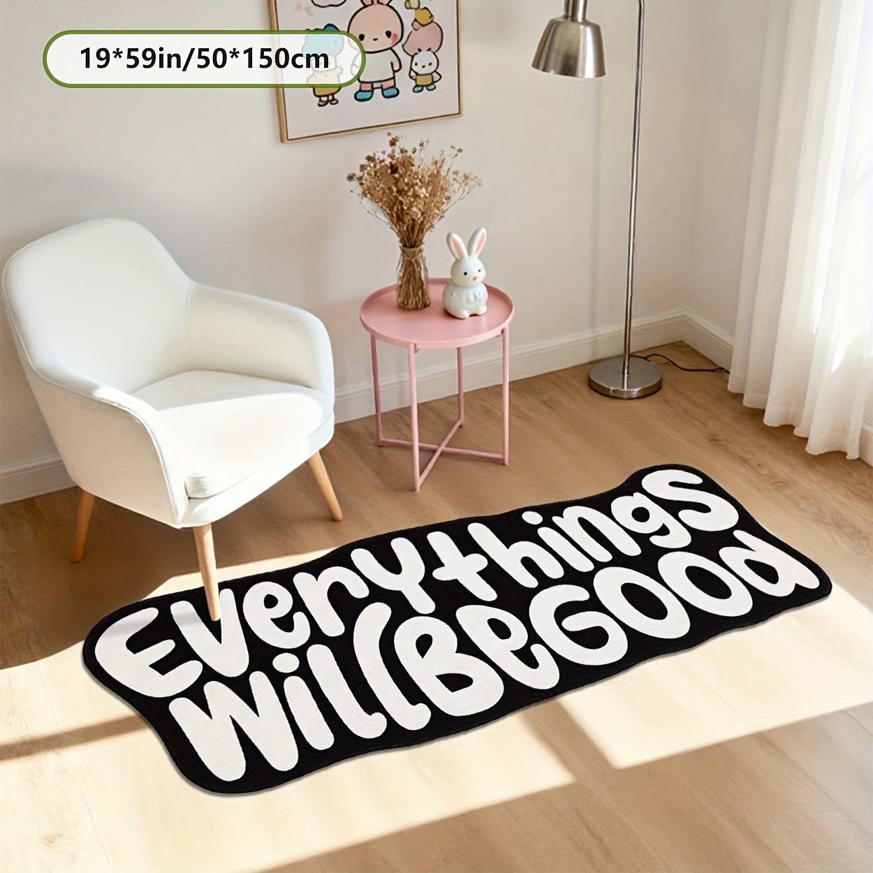 TEMU [soft Plush And Pointed Base] Irregular Decor Rug, "everythingwillbegood" Lettering Pattern Rug, Suitable For Door Mats, Living Room, Hallway,