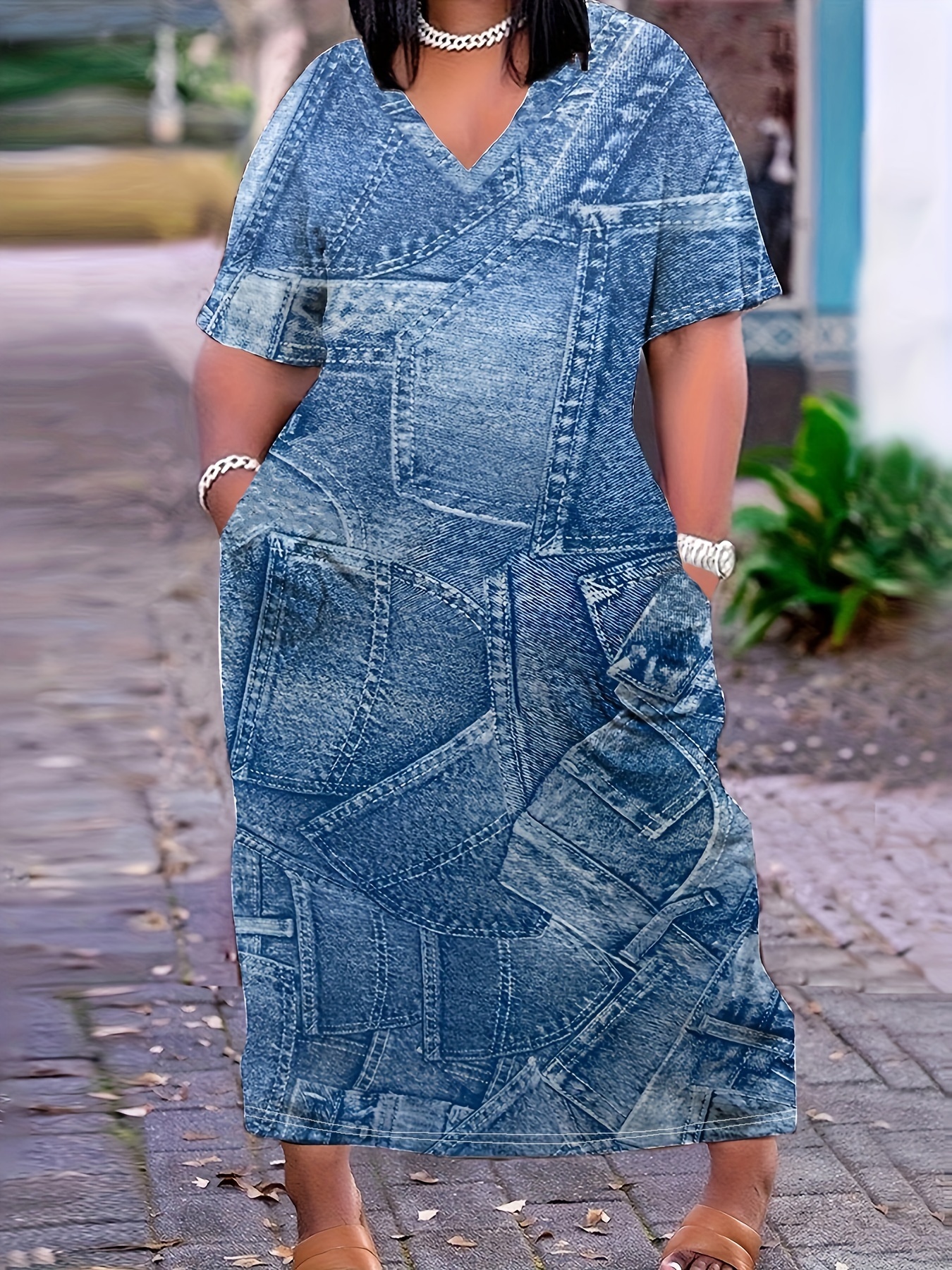 knee length dresses for ladies Light Blue Ruffled 3/4 Sleeve Buttoned Front Plus Size Denim Dress – The  Rusted Nail Boutique main image 1