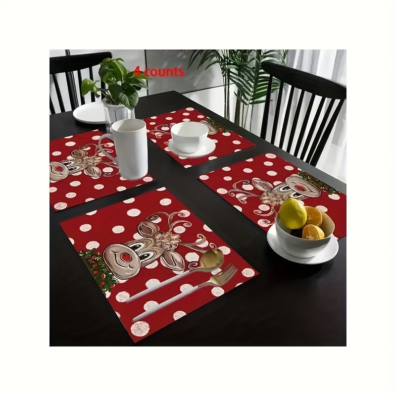 

Jit 4 Pack Christmas Reindeer Placemats - Table Decorations With Polka , Machine Washable, Fading Resistant, High Quality, Suitable For Home