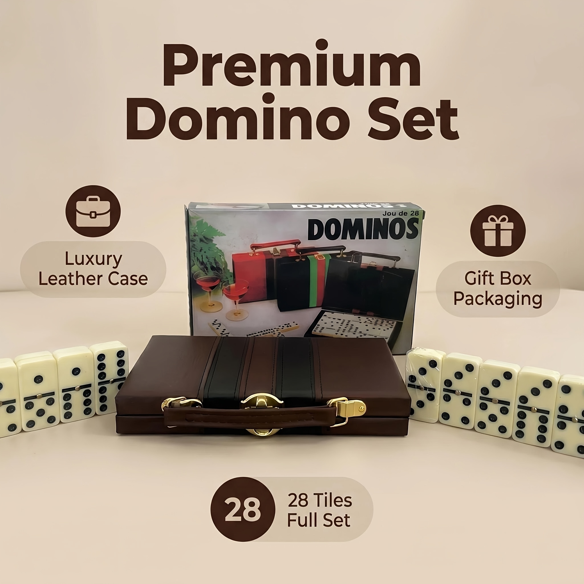 TEMU 2 Boxes/ Of 28pcs Dominoes Set With Premium Brown Case, Classic Board Game For Adults, Professional Ivory Tiles With Spinners, Portable Travel