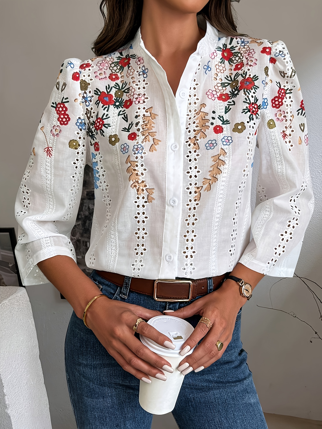 シャツ/ブラウス(長袖/七分) deres blooming embroidery blouse Navy Floral Embroidered Long Sleeve Blouse | maurices