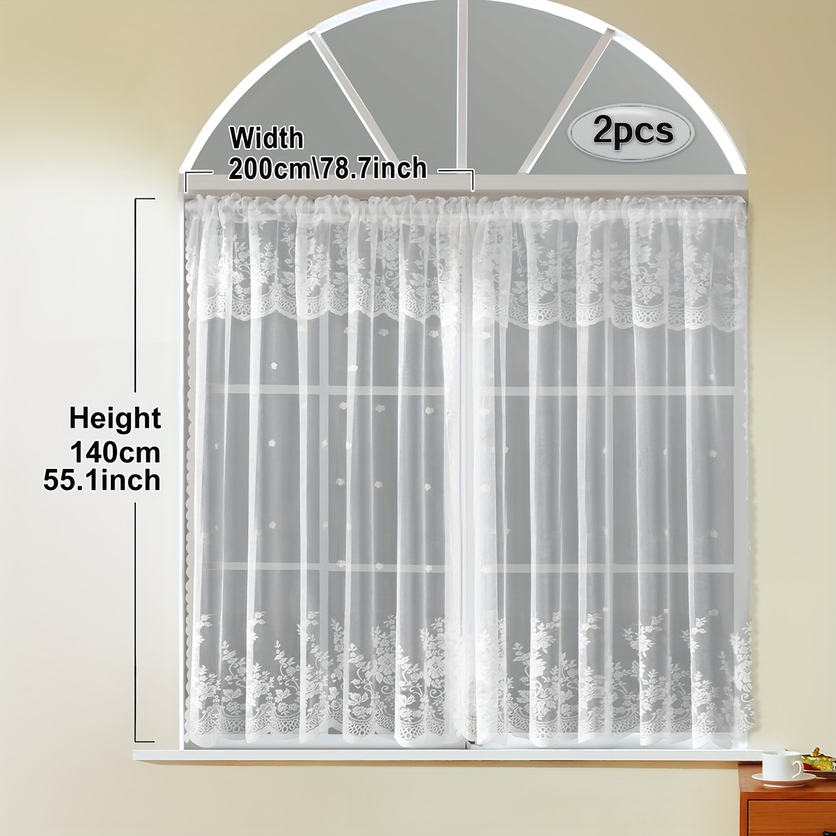 Image of 2pcs A Set Of White Lace Small Curtains, Fresh And Sweet Small Flower Valance, Rod Curtain, Suitable For Living Room, Bedroom, Kitchen, Window And Door Decoration, Cabinet Cover