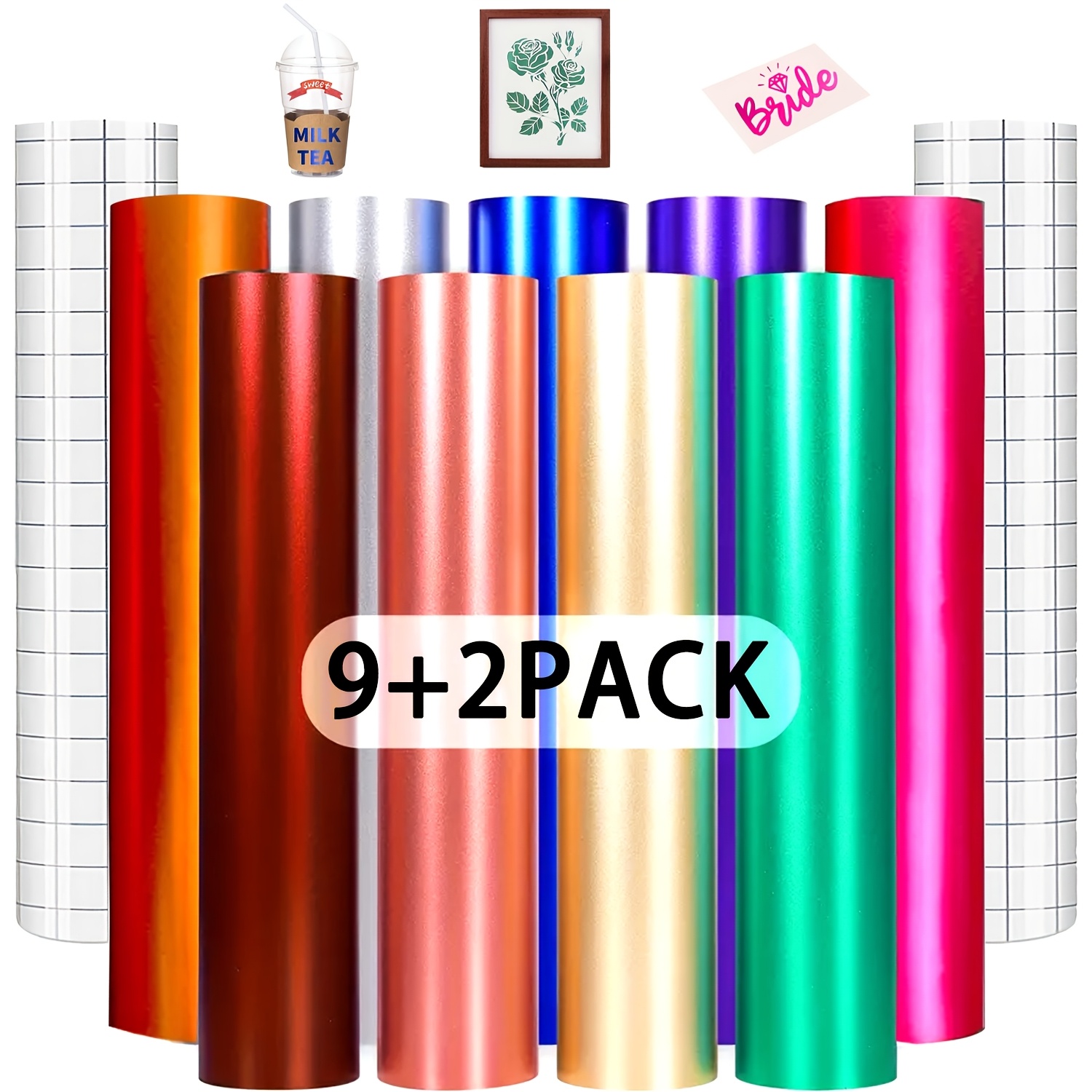 Matte Metallic Vinyl Permanent, 9pcs 12inch X 10inch Metallic Vinyl Sheets +2 Transfer Tape Sheets - Permanent Vinyl
