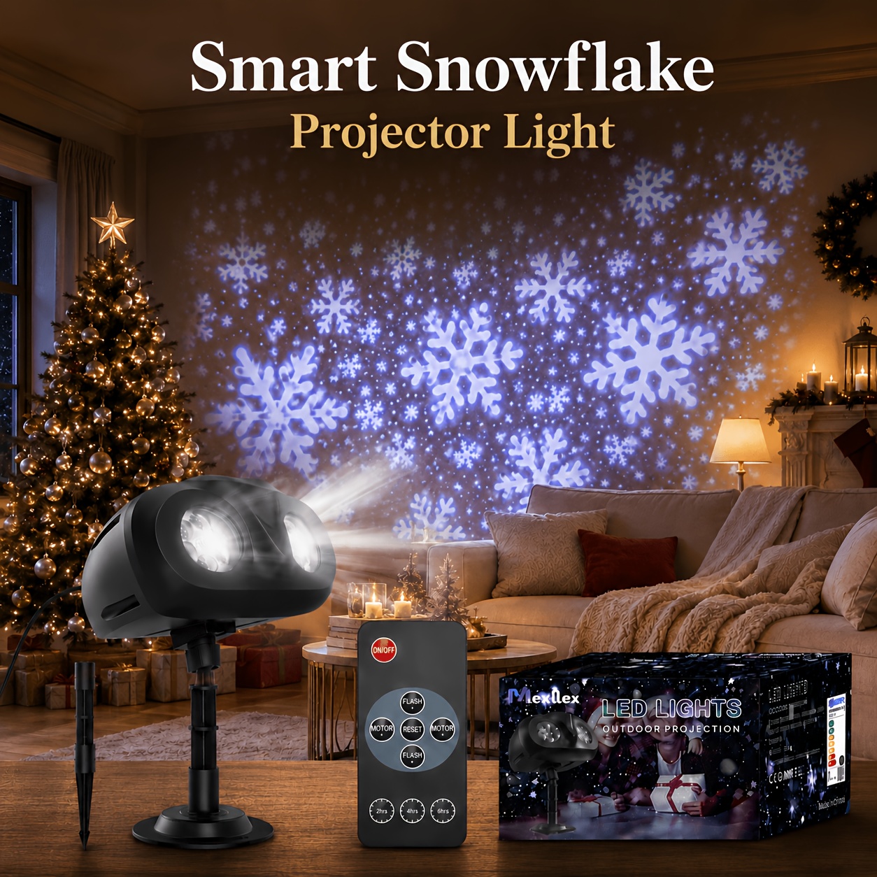 Image of Smart Snowflake Projector Light, Outdoor Christmas Projection Lights With Remote, Moving Dynamic Snow Flakes For Winter Yard Decor, Xmas, New Year, Parties, Weddings