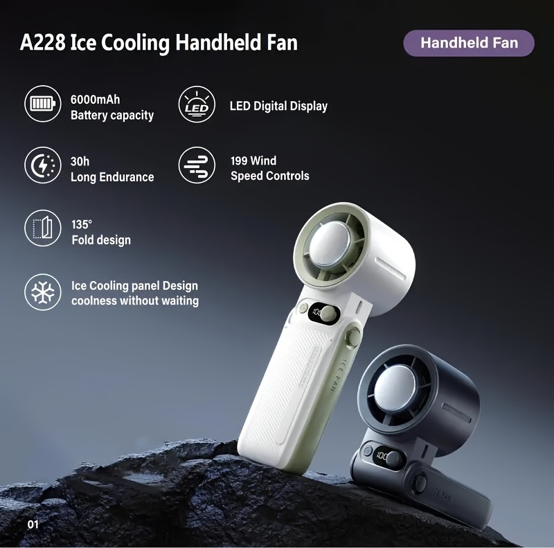 Portable electric fan, rechargeable handheld fan, 6000mAh, with ice pack, 199 speed handheld turbo fan, with digital display screen - quiet, suitable for outdoor, family, and outdoor travel.