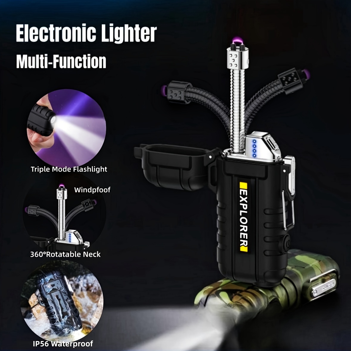 Encendedor electrónico, encendedor recargable por USB con indicador de  batería LED, resistente al viento, sin llama, de doble cara, encendedor