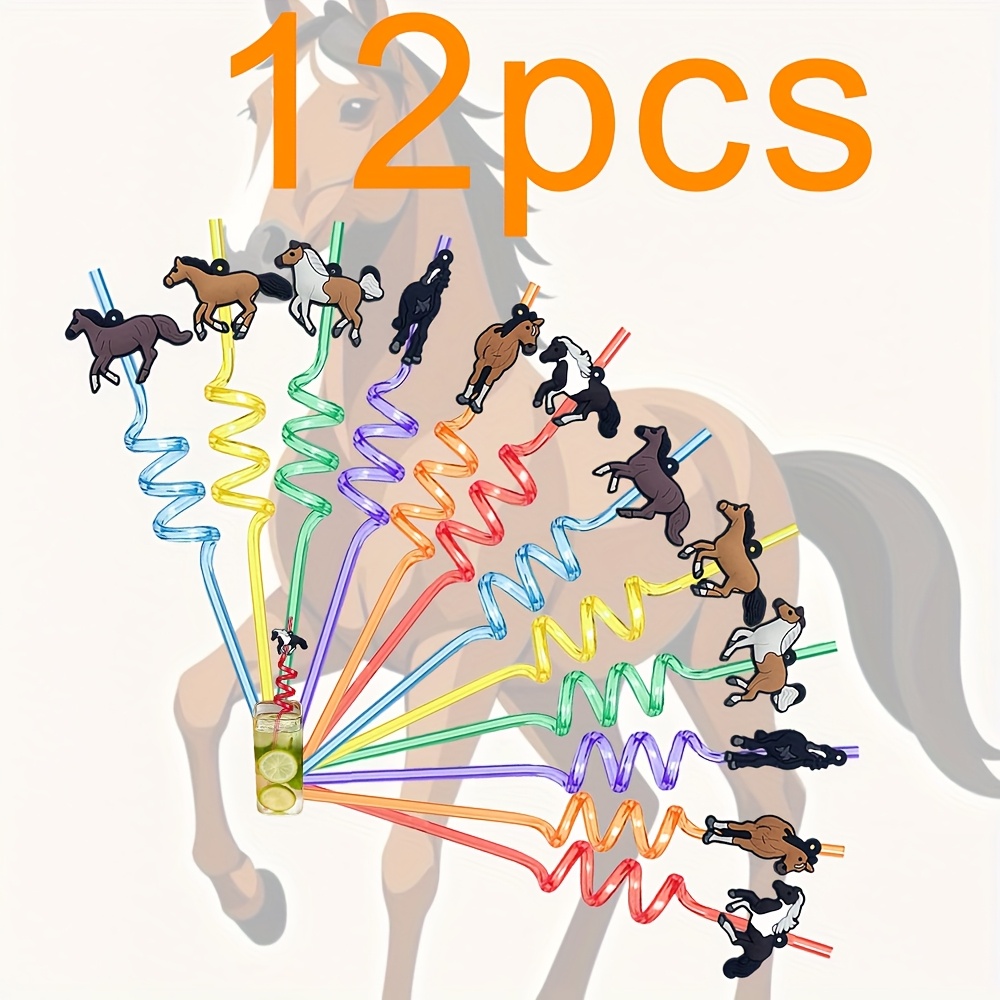 TEMU 12pcs Reusable Horse-themed Party Straws - Colorful Spiral Drinking Straws For Gatherings, Cup Decorations & Fun Party Supplies, Horse Party